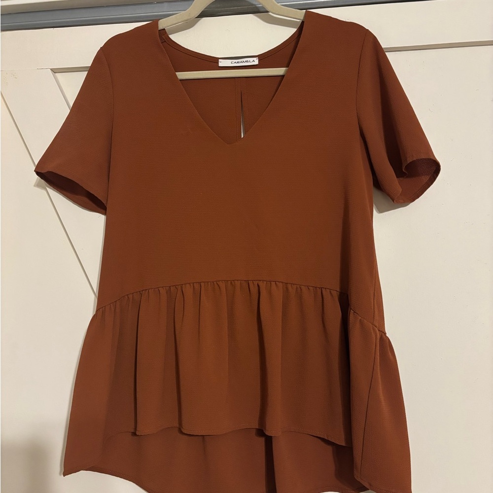 Charming V-Neck Peplum Blouse in Warm Orange.